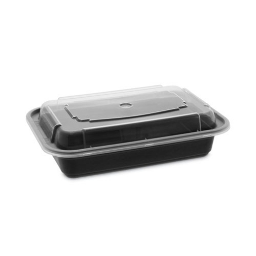 Picture of newspring versatainer microwavable containers, 16 oz, 5 x 7.25 x 1.5, black/clear, plastic, 150/carton