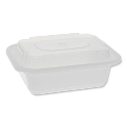 Picture of newspring versatainer microwavable containers, rectangular, 12 oz, 4.5 x 5.5 x 2.12, white/clear, plastic, 150/carton