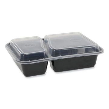 Picture of newspring versatainer microwavable containers, rectangular, 2-compartment, 30 oz, 6 x 8.5 x 2.5, black/clear, plastic, 150/ct