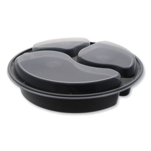 Picture of newspring versatainer microwavable containers, round, 3-compartment, 39 oz, 9 x 9 x 2.25, black/clear, plastic, 150/carton