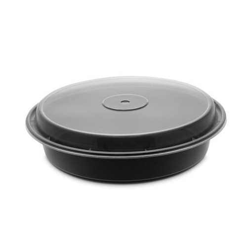 Picture of Newspring VERSAtainer Microwavable Containers, Vented Lid, 48 oz, 9" Diameter, Black/Clear, Plastic, 150/Carton