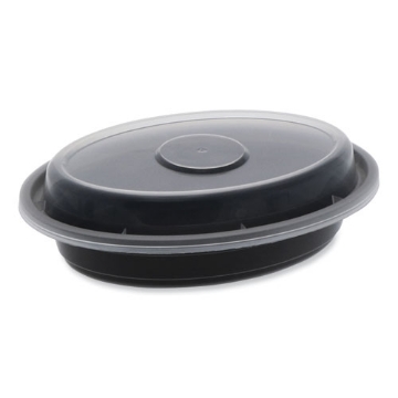 Picture of newspring versatainer microwavable containers, oval, 6 oz, 5.7 x 4 x 1.1, black/clear, plastic, 150/carton