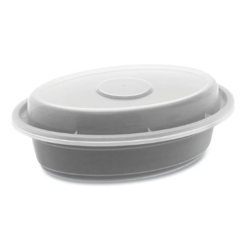 Picture of newspring versatainer microwavable containers, oval, 8 oz, 5.7 x 4 x 1.45, black/clear, plastic, 150/carton