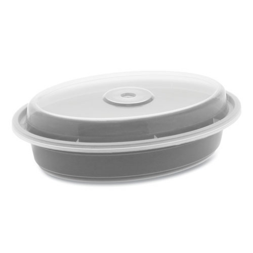 Picture of Newspring VERSAtainer Microwavable Containers, Oval, 12 oz, 6.8 x 4.8 x 1.45, Black/Clear, Plastic, 150/Carton