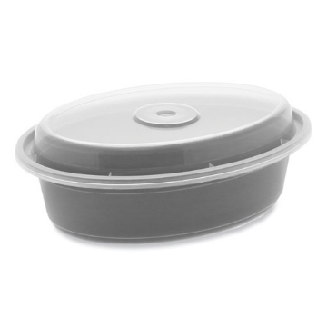 Picture of newspring versatainer microwavable containers, oval, 16 oz, 6.8 x 4.8 x 1.9, black/clear, plastic, 150/carton