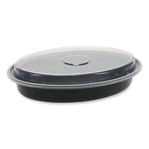 Picture of newspring versatainer microwavable containers, oval, 24 oz, 9.1 x 6.7 x 1.45, black/clear, plastic, 150/carton