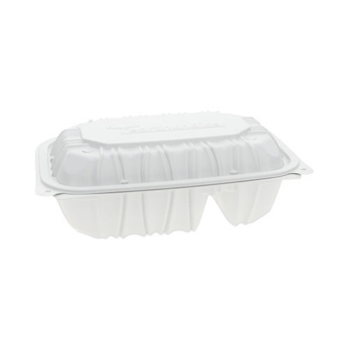 Picture of EarthChoice Vented Microwavable MFPP Hinged Lid Container, 2-Compartment, 9 x 6 x 3.1, White, Plastic, 170/Carton