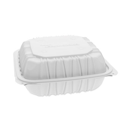 Picture of EarthChoice Vented Microwavable MFPP Hinged Lid Container, 3-Compartment, 8.5 x 8.5 x 3.1, White, Plastic, 146/Carton