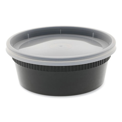 Picture of newspring delitainer microwavable container, 8 oz, 4.55 x 4.55 x 1.8, black/clear, plastic, 240/carton