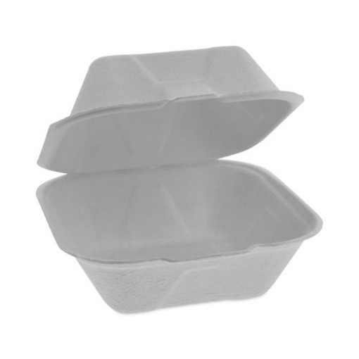 Picture of EarthChoice Bagasse Hinged Lid Container, Single Tab Lock, 6" Sandwich, 5.8 x 5.8 x 3.3, Natural, Sugarcane, 500/Carton