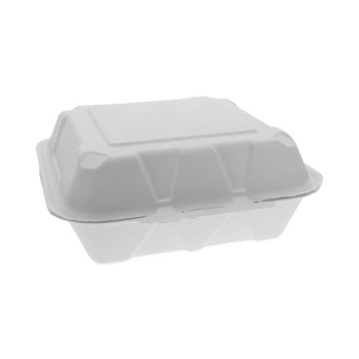 Picture of EarthChoice Bagasse Hinged Lid Container, Dual Tab Lock Large Container, 9 x 9 x 3.5, Natural, Sugarcane, 150/Carton