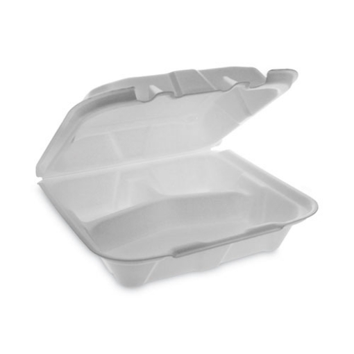 Picture of Vented Foam Hinged Lid Container, Dual Tab Lock Economy, 3-Compartment, 8.42 x 8.15 x 3, White, 150/Carton