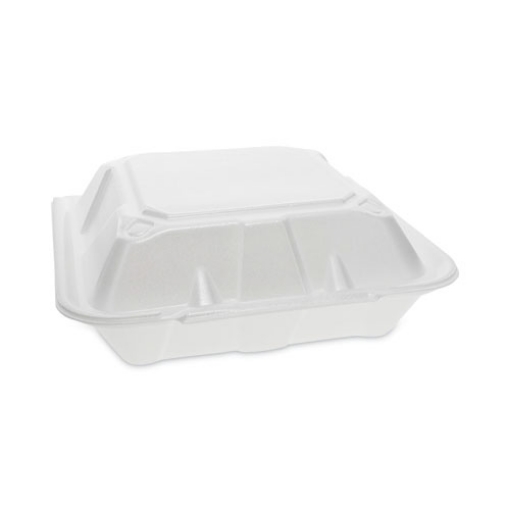 Picture of Vented Foam Hinged Lid Container, Dual Tab Lock, 3-Compartment, 9.13 x 9 x 3.25, White, 150/Carton