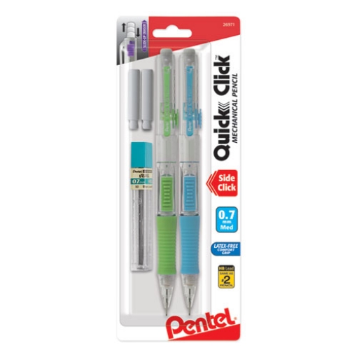 Picture of QUICK CLICK Mechanical Pencils with Tube of Lead/Erasers, 0.7 mm, HB (#2), Black Lead, Assorted Barrel Colors, 2/Pack