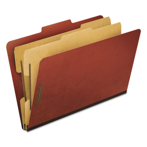 Picture of six-section pressboard classification folders, 2" expansion, 2 dividers, 6 fasteners, legal size, red exterior, 10/box