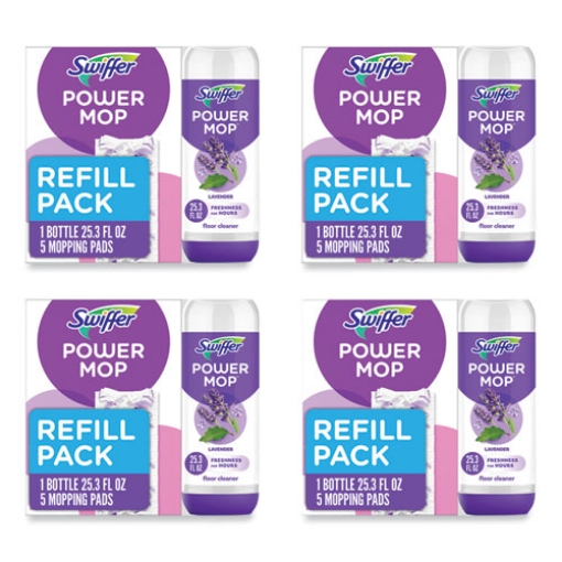 Picture of PowerMop Cleaning Solution and Pads Refill Pack, Lavender, 25.3 oz Bottle and 5 Pads per Pack, 4 Packs/Carton