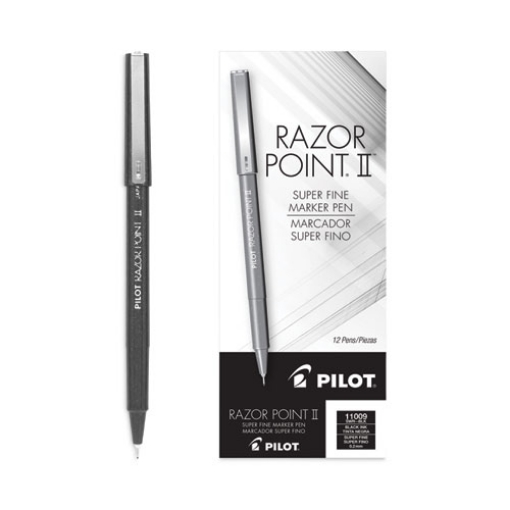 Picture of Razor Point II Super Fine Line Porous Point Pen, Stick, Ultra-Fine 0.2 mm, Black Ink, Black Barrel, Dozen