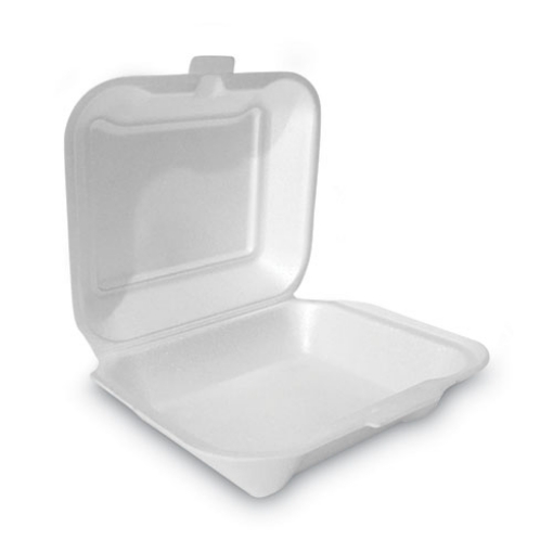 Picture of Foam Hinged Lid Container, Secure One Tab Latch, Poly Bag, 7.81 X 8.75 X 3.38, White, 100/sleeve, 2 Sleeves/bag, 1 Bag/pack