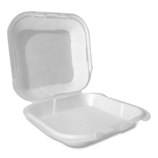 Picture of Foam Hinged Lid Container, Secure Two Tab Latch, Poly Bag, 8 X 8.56 X 2.76, White, 100/sleeve, 2 Sleeves/bag, 1 Bag/pack