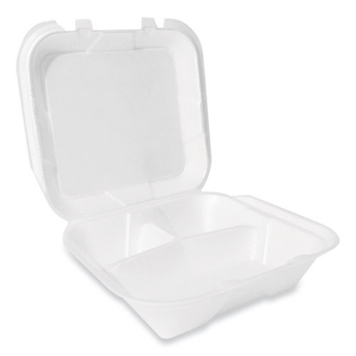 Picture of Foam Hinged Lid Container, Secure Two Tab Latch, Poly Bag, 3-Compartment, 9 X 9 X 3, White, 100/bag, 2 Bags/carton