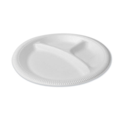 Picture of Foam Dinnerware, Plate, 3-Compartment, 9" Dia, Poly Bag, White, 125/sleeve, 4 Sleeves/bag, 1 Bag/pack