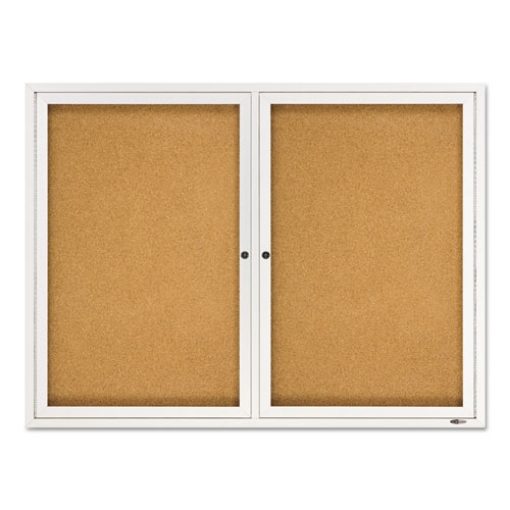 Picture of Enclosed Indoor Cork Bulletin Board with Two Hinged Doors, 48 x 36, Tan Surface, Silver Aluminum Frame