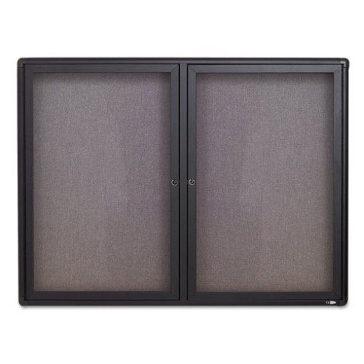 Picture of Enclosed Indoor Fabric Bulletin Board with Two Hinged Doors, 48 x 36, Gray Surface, Graphite Aluminum Frame