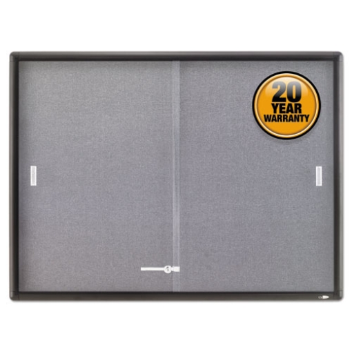 Picture of Enclosed Indoor Cork and Gray Fabric Bulletin Board with Two Sliding Glass Doors, 48 x 36, Graphite Gray Aluminum Frame