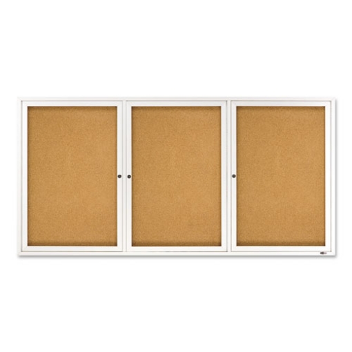 Picture of Enclosed Indoor Cork Bulletin Board with Three Hinged Doors, 72 x 36, Tan Surface, Silver Aluminum Frame