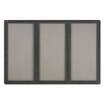 Picture of Enclosed Indoor Fabric Bulletin Board with Three Hinged Doors, 72 x 48, Gray Surface, Graphite Aluminum Frame