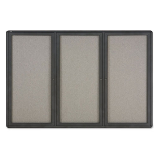 Picture of Enclosed Indoor Fabric Bulletin Board with Three Hinged Doors, 72 x 48, Gray Surface, Graphite Aluminum Frame