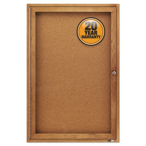 Picture of Enclosed Indoor Cork Bulletin Board with One Hinged Door, 24 x 36, Tan Surface, Oak Fiberboard Frame