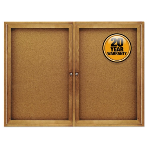 Picture of Enclosed Indoor Cork Bulletin Board with Two Hinged Doors, 48 x 36, Tan Surface, Oak Fiberboard Frame