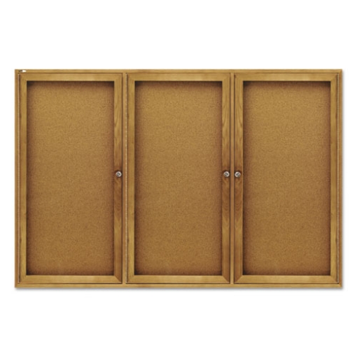 Picture of Enclosed Indoor Cork Bulletin Board with Three Hinged Doors, 72 x 48, Tan Surface, Oak Fiberboard Frame