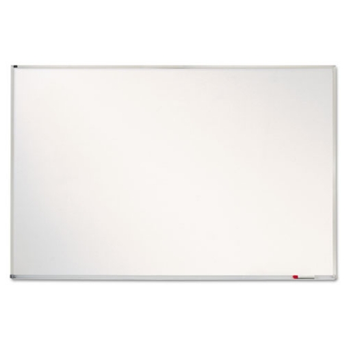 Picture of porcelain magnetic whiteboard, 72 x 48, white surface, silver aluminum frame