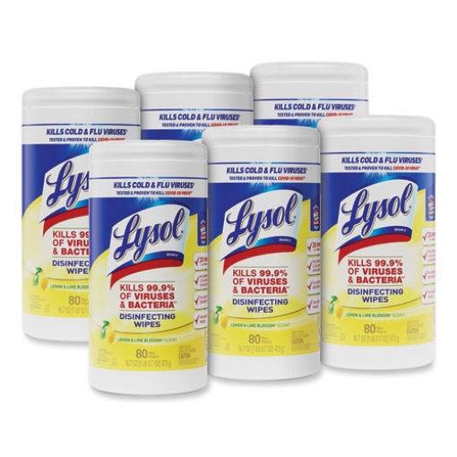 Picture of Disinfecting Wipes, 1-Ply, 7 x 7.25, Lemon and Lime Blossom, White, 80 Wipes/Canister, 6 Canisters/Carton