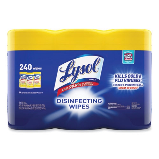 Picture of Disinfecting Wipes, 1-Ply, 7 x 7.25, Lemon and Lime Blossom, White, 80 Wipes/Canister, 3 Canisters/Pack