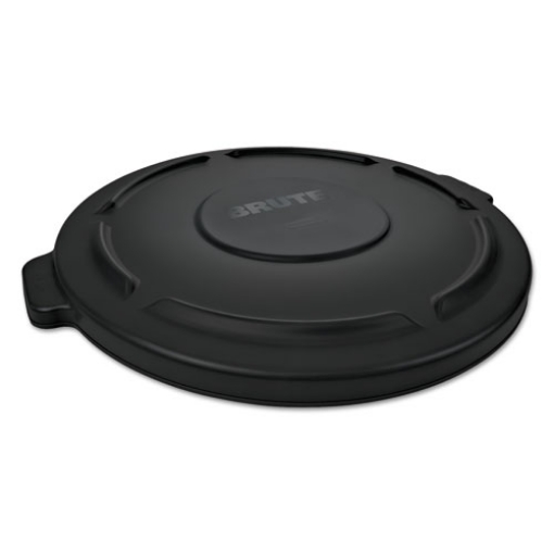 Picture of BRUTE Self-Draining Flat Top Lids for 55 gal Round BRUTE Containers, 27.64" Diameter, Black, 3/Carton