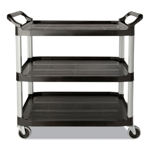 Picture of three-shelf service cart, plastic, 3 shelves, 200 lb capacity, 18.63" x 33.63" x 37.75", black