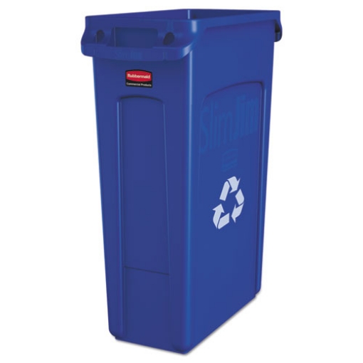 Picture of slim jim plastic recycling container with venting channels, 23 gal, plastic, blue