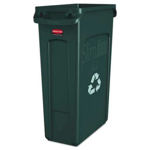 Picture of slim jim plastic recycling container with venting channels, 23 gal, plastic, green