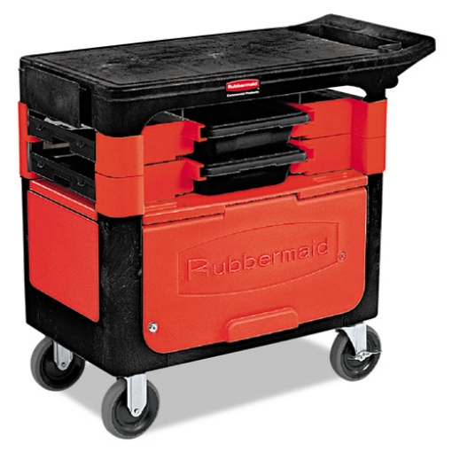 Picture of Trades Cart with Locking Storage Area, Plastic, 2 Shelves, 2 Drawers, 330 lb Capacity, 19.25" x 38" x 33.38", Black