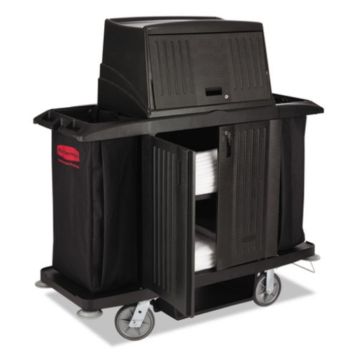 Picture of full-size housekeeping cart with doors, plastic, 3 shelves, 2 bins, 22" x 60" x 67.5", black