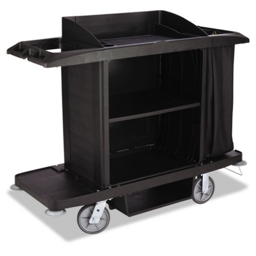 Picture of housekeeping cart, plastic, 3 shelves, 2 bins, 22" x 60" x 50", black