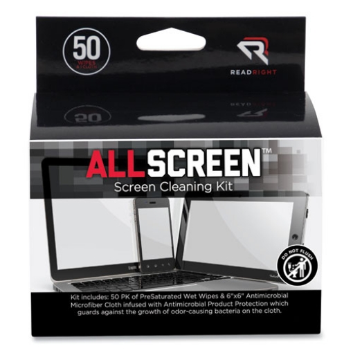 Picture of AllScreen Cleaning Kit with (1) 6 x 6 Microfiber Cloth, (50) 4 x 5 Individually Wrapped Pre-Saturated Wipes, Unscented, White