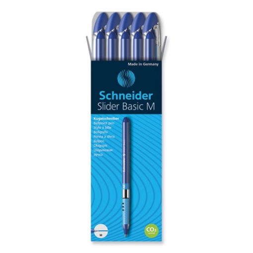 Picture of SLIDER BASIC BALLPOINT PEN, STICK, MEDIUM 0.8 MM, BLUE INK, BLUE BARREL, 10/BOX