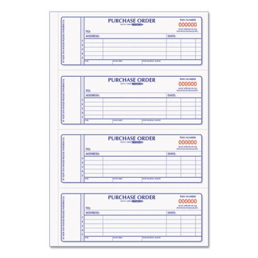 Picture of Purchase Order Book, 5 Lines, Two-Part Carbonless, 7 x 2.75, 4 Forms/Sheet, 400 Forms Total