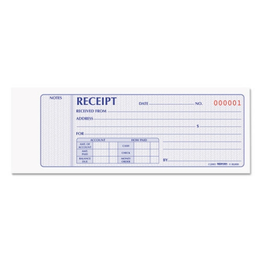 Picture of Receipt Book, Two-Part Carbonless, 7 x 2.75, 4 Forms/Sheet, 100 Forms Total