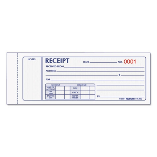 Picture of Receipt Book, Three-Part Carbonless, 7 x 2.75, 4 Forms/Sheet, 50 Forms Total