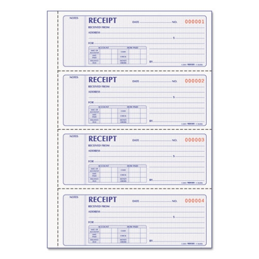 Picture of Money Receipt Book, Softcover, Two-Part Carbonless, 7 x 2.75, 4 Forms/Sheet, 200 Forms Total